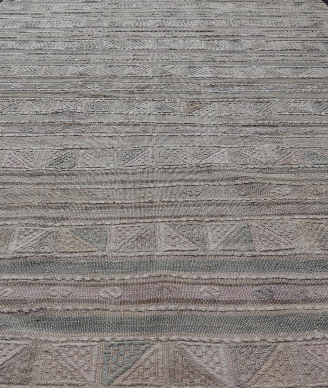 Turkish Flat - Weave With Embroideries Kilim in Taupe, Green, Brown, and Blush Vintage flat - weave Kilim with embroideries with a modern design in tan, brown, green and blush geometric stripe design Vintage Kilim from Turkey, Keivan Woven Arts /... - Keivan Woven ArtsEN - P13936 - 18722Rug