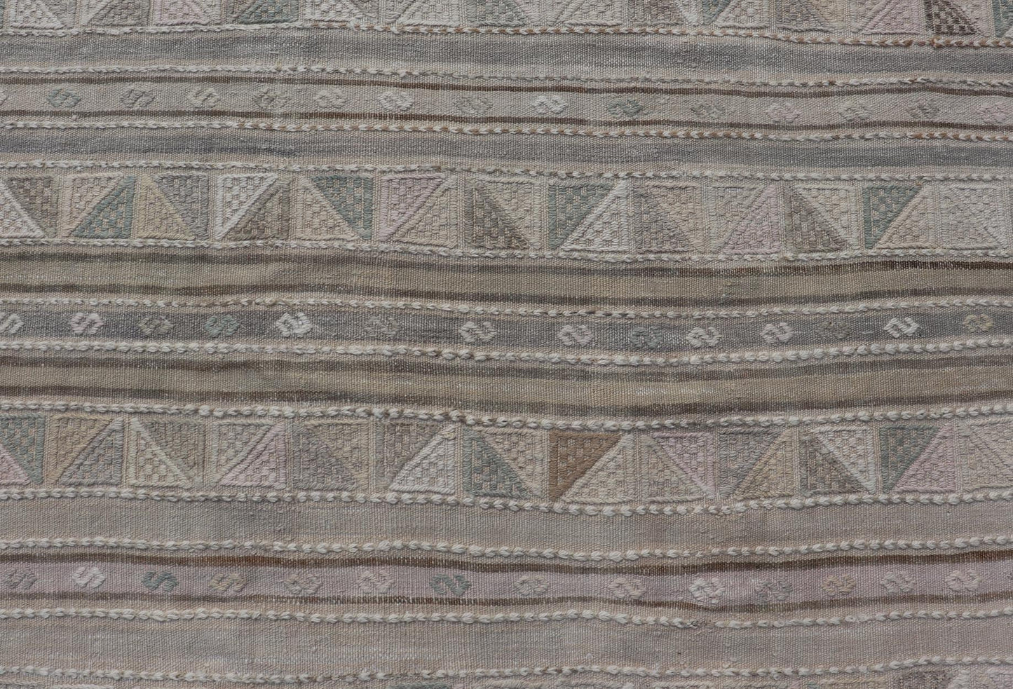 Turkish Flat - Weave With Embroideries Kilim in Taupe, Green, Brown, and Blush Vintage flat - weave Kilim with embroideries with a modern design in tan, brown, green and blush geometric stripe design Vintage Kilim from Turkey, Keivan Woven Arts /... - Keivan Woven ArtsEN - P13936 - 18722Rug