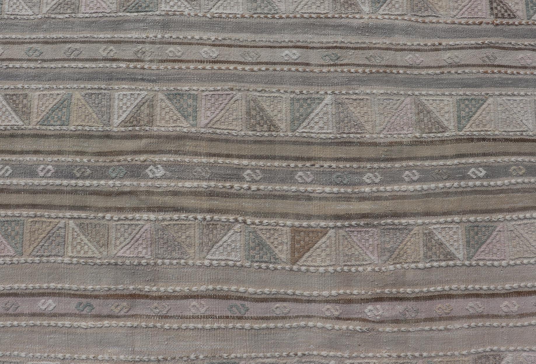 Turkish Flat - Weave With Embroideries Kilim in Taupe, Green, Brown, and Blush Vintage flat - weave Kilim with embroideries with a modern design in tan, brown, green and blush geometric stripe design Vintage Kilim from Turkey, Keivan Woven Arts /... - Keivan Woven ArtsEN - P13936 - 18722Rug