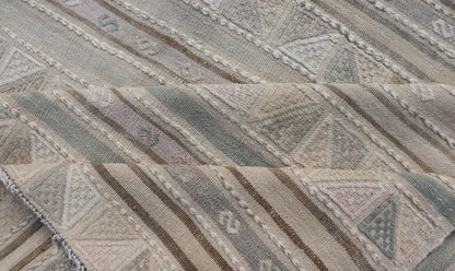 Turkish Flat - Weave With Embroideries Kilim in Taupe, Green, Brown, and Blush Vintage flat - weave Kilim with embroideries with a modern design in tan, brown, green and blush geometric stripe design Vintage Kilim from Turkey, Keivan Woven Arts /... - Keivan Woven ArtsEN - P13936 - 18722Rug