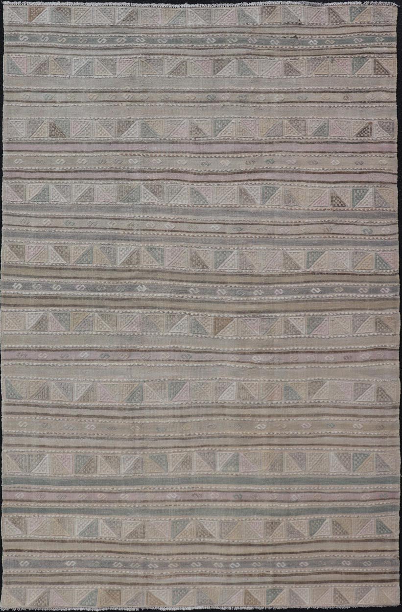 Turkish Flat - Weave With Embroideries Kilim in Taupe, Green, Brown, and Blush Vintage flat - weave Kilim with embroideries with a modern design in tan, brown, green and blush geometric stripe design Vintage Kilim from Turkey, Keivan Woven Arts /... - Keivan Woven ArtsEN - P13936 - 18722Rug