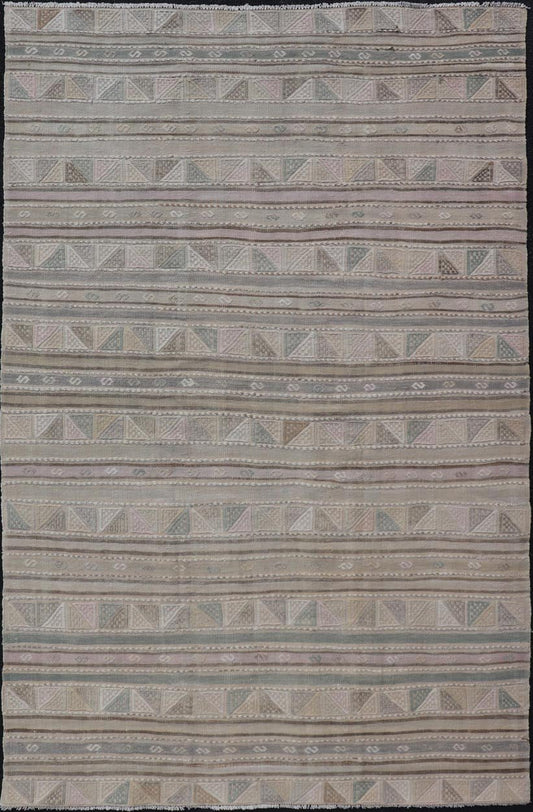 Turkish Flat - Weave With Embroideries Kilim in Taupe, Green, Brown, and Blush Vintage flat - weave Kilim with embroideries with a modern design in tan, brown, green and blush geometric stripe design Vintage Kilim from Turkey, Keivan Woven Arts /... - Keivan Woven ArtsEN - P13936 - 18722Rug