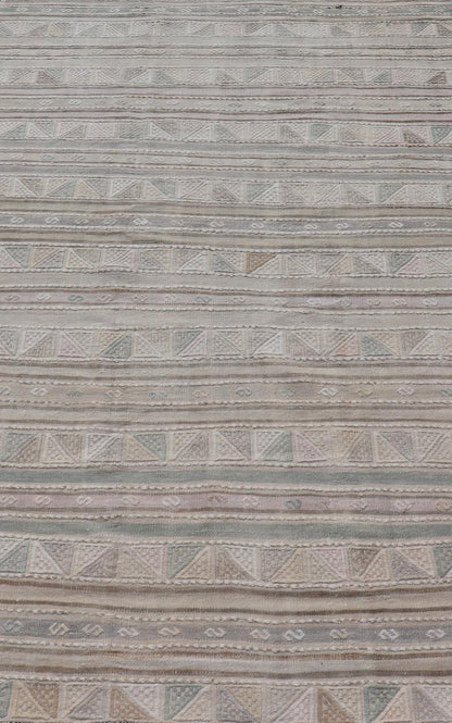 Turkish Flat - Weave With Embroideries Kilim in Taupe, Green, Brown, and Blush Vintage flat - weave Kilim with embroideries with a modern design in tan, brown, green and blush geometric stripe design Vintage Kilim from Turkey, Keivan Woven Arts /... - Keivan Woven ArtsEN - P13936 - 18722