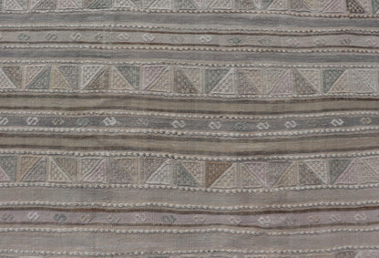 Turkish Flat - Weave With Embroideries Kilim in Taupe, Green, Brown, and Blush Vintage flat - weave Kilim with embroideries with a modern design in tan, brown, green and blush geometric stripe design Vintage Kilim from Turkey, Keivan Woven Arts /... - Keivan Woven ArtsEN - P13936 - 18722