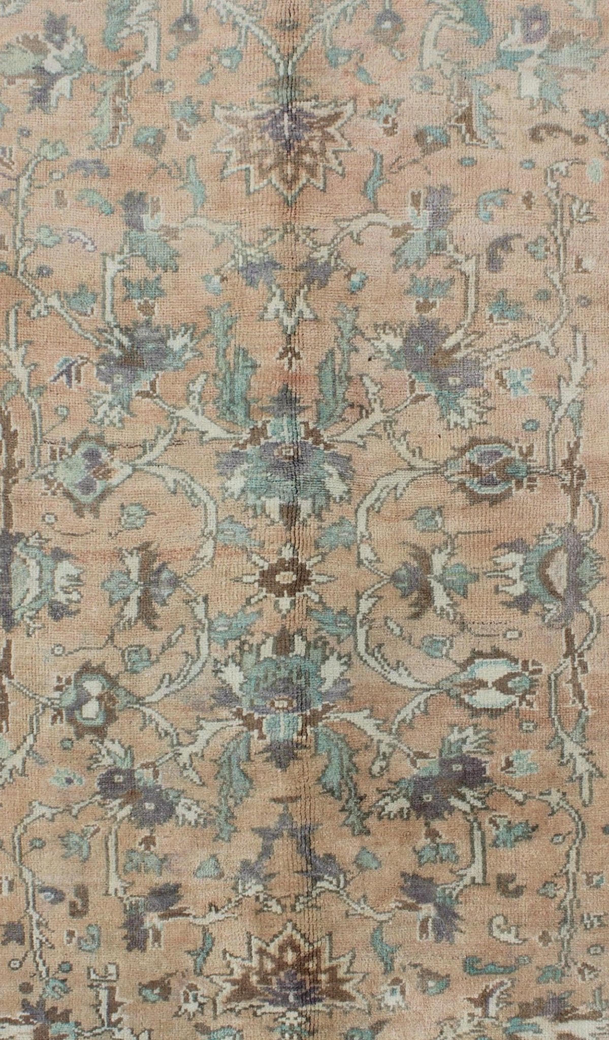 Elegant Floral Vintage Turkish Oushak Rug in Cream, Green, Light Peach and Brown kwarugs Elegant floral vintage Turkish Oushak rug in cream, green, peach, and brown, rug enc - 4090, country of origin / type: Turkey / Oushak, circa 1930 The ... - Keivan Woven ArtsENC - 4090 - 1010Rug