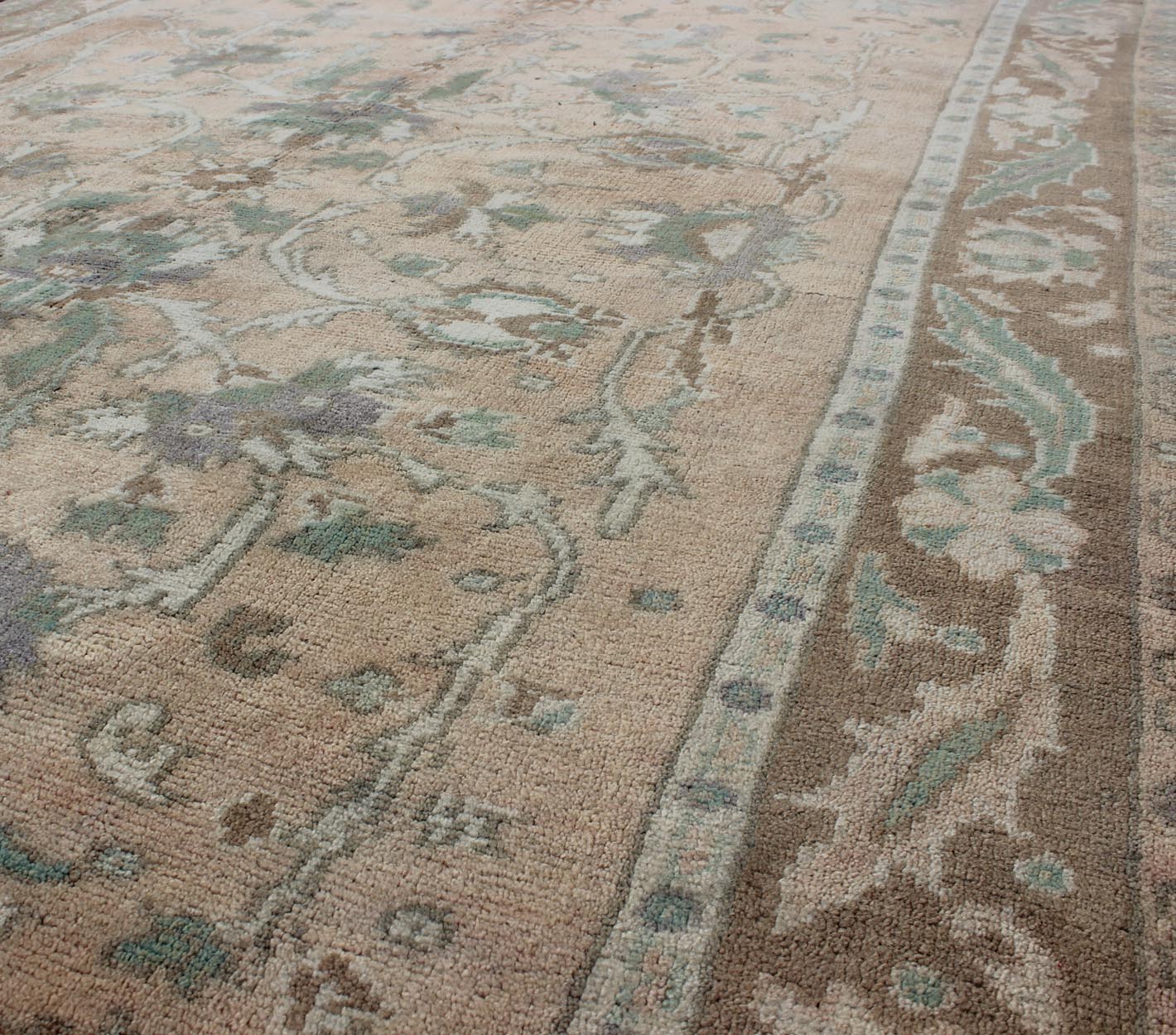 Elegant Floral Vintage Turkish Oushak Rug in Cream, Green, Light Peach and Brown kwarugs Elegant floral vintage Turkish Oushak rug in cream, green, peach, and brown, rug enc - 4090, country of origin / type: Turkey / Oushak, circa 1930 The ... - Keivan Woven ArtsENC - 4090 - 1010Rug