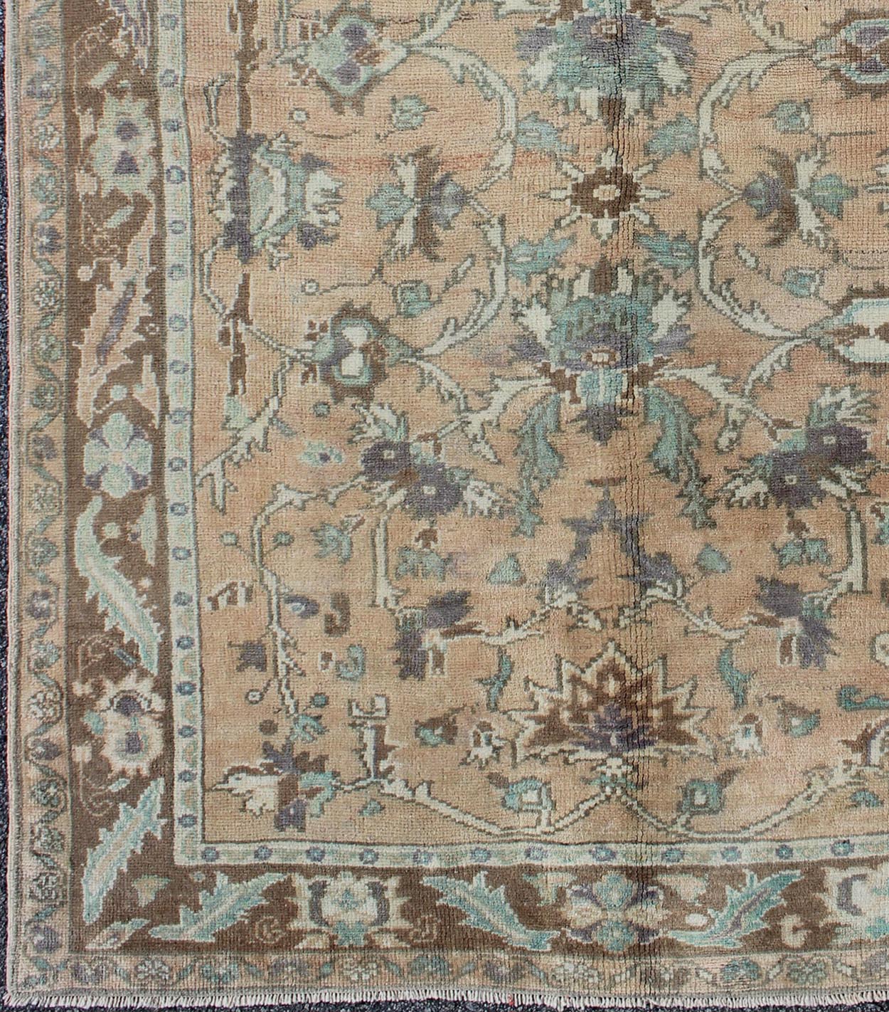 Elegant Floral Vintage Turkish Oushak Rug in Cream, Green, Light Peach and Brown kwarugs Elegant floral vintage Turkish Oushak rug in cream, green, peach, and brown, rug enc - 4090, country of origin / type: Turkey / Oushak, circa 1930 The ... - Keivan Woven ArtsENC - 4090 - 1010Rug