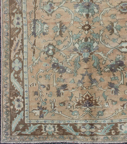 Elegant Floral Vintage Turkish Oushak Rug in Cream, Green, Light Peach and Brown kwarugs Elegant floral vintage Turkish Oushak rug in cream, green, peach, and brown, rug enc - 4090, country of origin / type: Turkey / Oushak, circa 1930 The ... - Keivan Woven ArtsENC - 4090 - 1010Rug