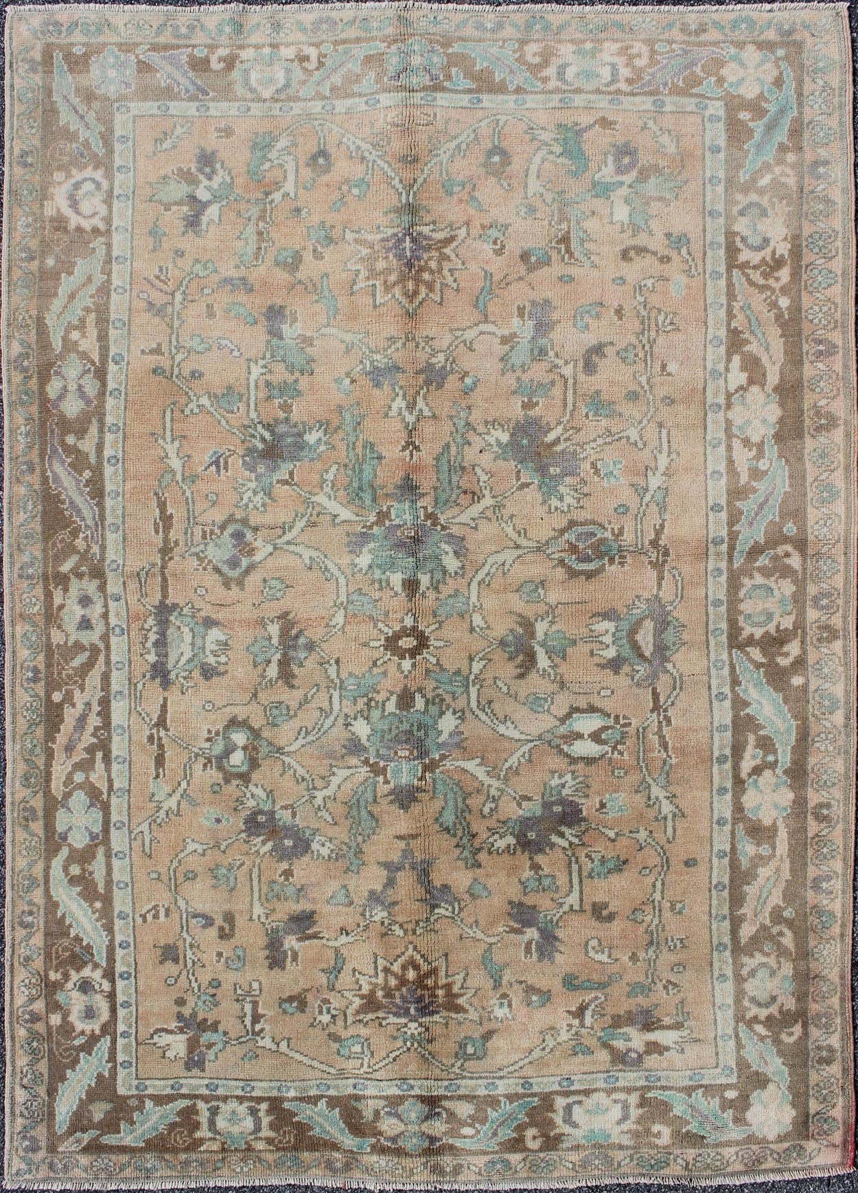 Elegant Floral Vintage Turkish Oushak Rug in Cream, Green, Light Peach and Brown kwarugs Elegant floral vintage Turkish Oushak rug in cream, green, peach, and brown, rug enc - 4090, country of origin / type: Turkey / Oushak, circa 1930 The ... - Keivan Woven ArtsENC - 4090 - 1010Rug