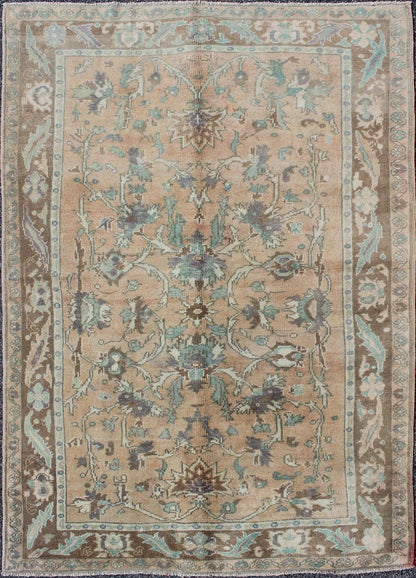Elegant Floral Vintage Turkish Oushak Rug in Cream, Green, Light Peach and Brown kwarugs Elegant floral vintage Turkish Oushak rug in cream, green, peach, and brown, rug enc - 4090, country of origin / type: Turkey / Oushak, circa 1930 The ... - Keivan Woven ArtsENC - 4090 - 1010Rug