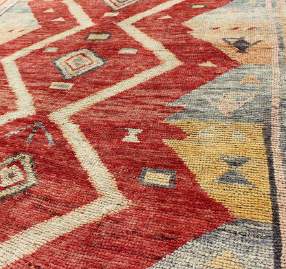 Colorful Antique Turkish Tulu Rug with Diamond Shapes Among Geometric Motifs rug/ enc - 92044 This Tulu carpet contains three diamond shapes laid across a red - colored field and enclosed within surrounding geometric elements. Accent colors include ... - Keivan Woven ArtsENC - 92044 - 902Rug