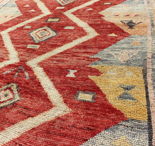 Colorful Antique Turkish Tulu Rug with Diamond Shapes Among Geometric Motifs rug/ enc - 92044 This Tulu carpet contains three diamond shapes laid across a red - colored field and enclosed within surrounding geometric elements. Accent colors include ... - Keivan Woven ArtsENC - 92044 - 902Rug