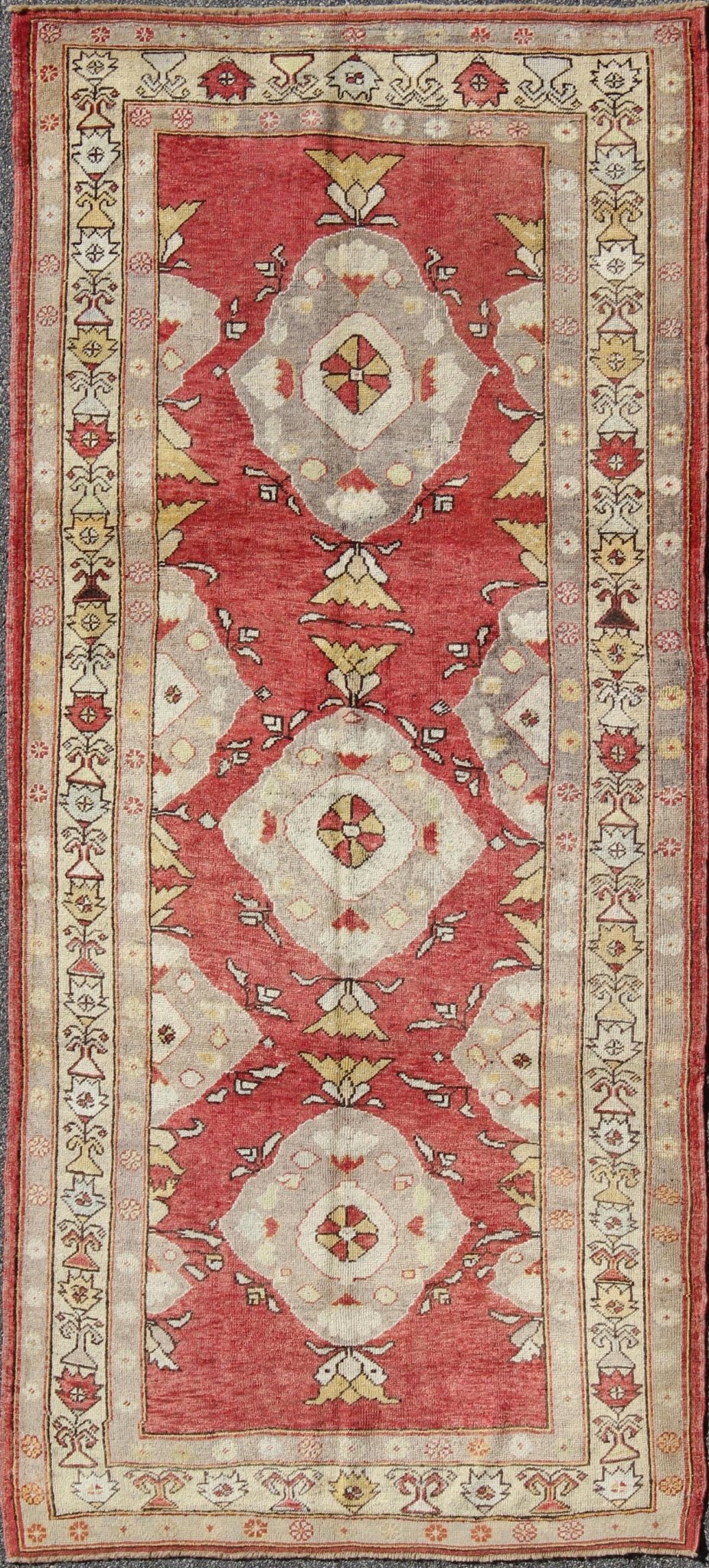 Red background vintage Turkish Oushak runner in grey, cream, yellow colors, rug enc - 92462, country of origin / type: Turkey / Oushak, circa 1930 This vintage Oushak runner features a unique blend of cheerful colors and an intricately beautiful d... - Keivan Woven ArtsENC - 92462 - 976Rug