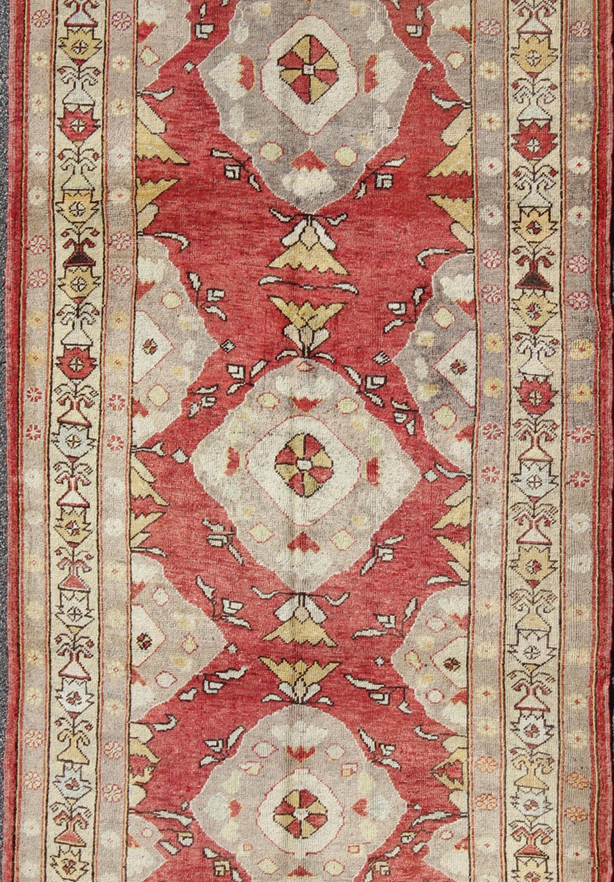 Red background vintage Turkish Oushak runner in grey, cream, yellow colors, rug enc - 92462, country of origin / type: Turkey / Oushak, circa 1930 This vintage Oushak runner features a unique blend of cheerful colors and an intricately beautiful d... - Keivan Woven ArtsENC - 92462 - 976Rug