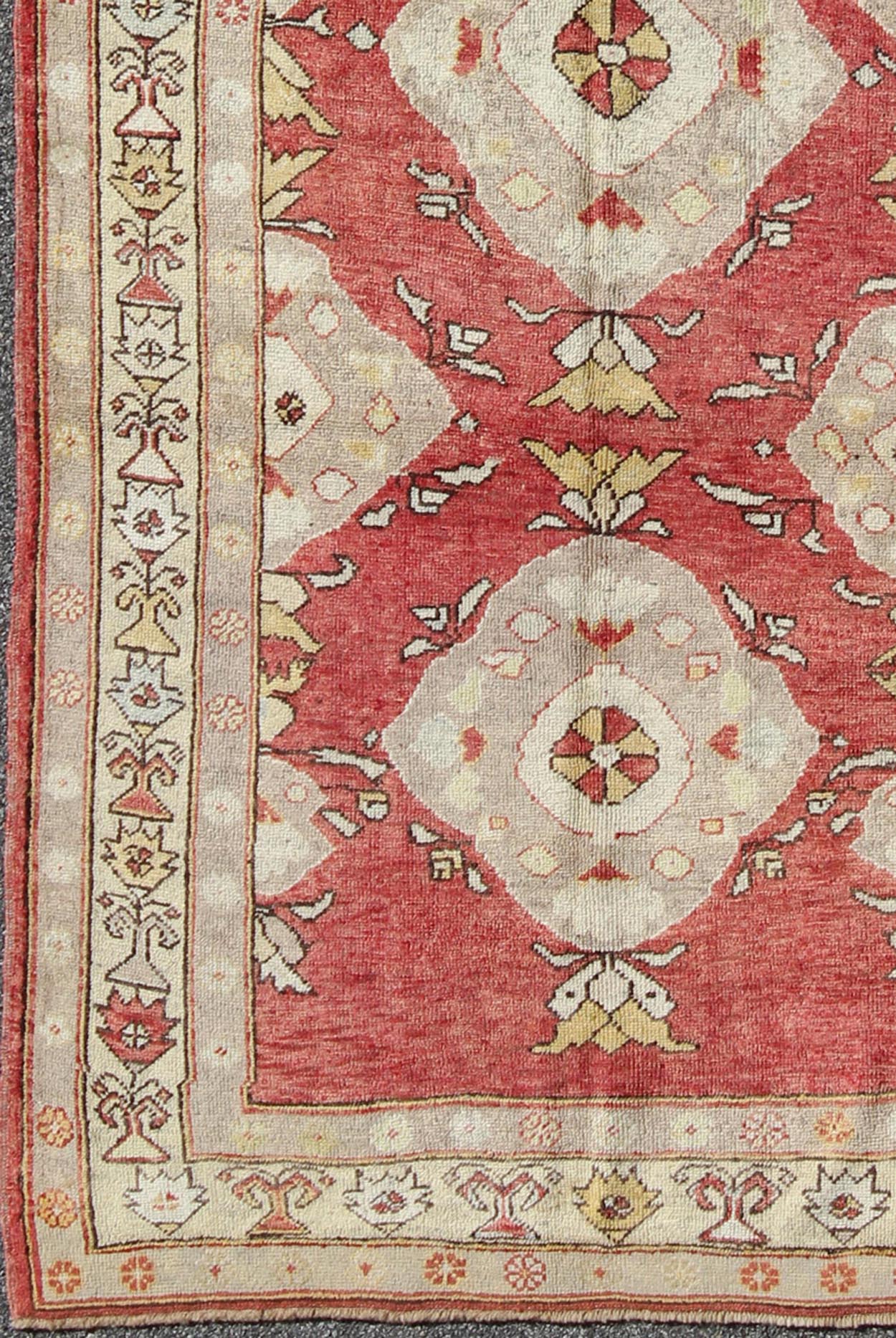 Red background vintage Turkish Oushak runner in grey, cream, yellow colors, rug enc - 92462, country of origin / type: Turkey / Oushak, circa 1930 This vintage Oushak runner features a unique blend of cheerful colors and an intricately beautiful d... - Keivan Woven ArtsENC - 92462 - 976Rug