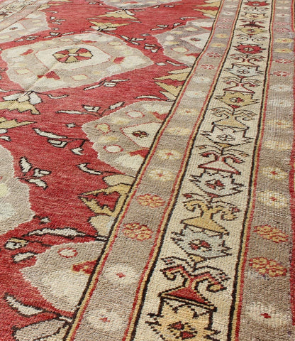 Red background vintage Turkish Oushak runner in grey, cream, yellow colors, rug enc - 92462, country of origin / type: Turkey / Oushak, circa 1930 This vintage Oushak runner features a unique blend of cheerful colors and an intricately beautiful d... - Keivan Woven ArtsENC - 92462 - 976Rug