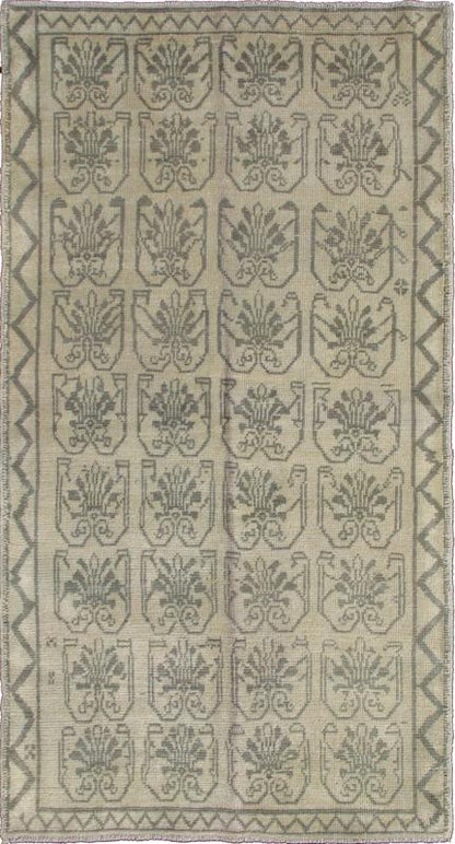 Light Taupe, Gray - Green, and Cream Turkish Tulu Vintage Rug with Latticework Measures:3'4 x 6'2 Light taupe, gray - blue, and cream Turkish Tulu vintage rug with latticework, Keivan Woven Arts rug ENC - 92500, country of origin / type: Turke... - Keivan Woven ArtsENC - 92500 - 2145Rug