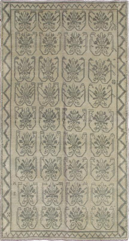 Light Taupe, Gray - Green, and Cream Turkish Tulu Vintage Rug with Latticework Measures:3'4 x 6'2 Light taupe, gray - blue, and cream Turkish Tulu vintage rug with latticework, Keivan Woven Arts rug ENC - 92500, country of origin / type: Turke... - Keivan Woven ArtsENC - 92500 - 2145Rug