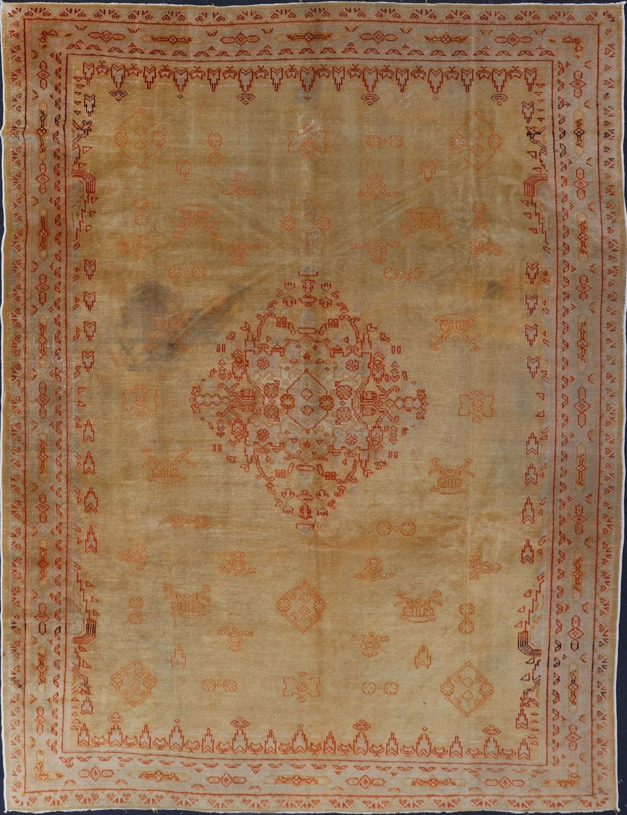Antique Turkish Borlu Oushak Rug This sophisticated antique borlu Oushak rug was hand woven around the turn of the nineteenth century. It bears an intricate central medallion along with sub geometric motifs carefully placed throughout the field.... - Keivan Woven ArtsF - 0205 - 768Rug