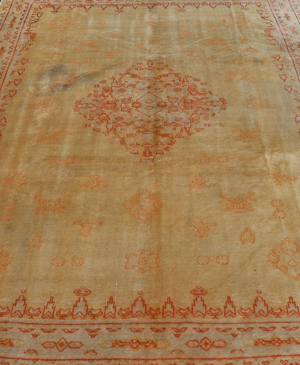 Antique Turkish Borlu Oushak Rug This sophisticated antique borlu Oushak rug was hand woven around the turn of the nineteenth century. It bears an intricate central medallion along with sub geometric motifs carefully placed throughout the field.... - Keivan Woven ArtsF - 0205 - 768Rug