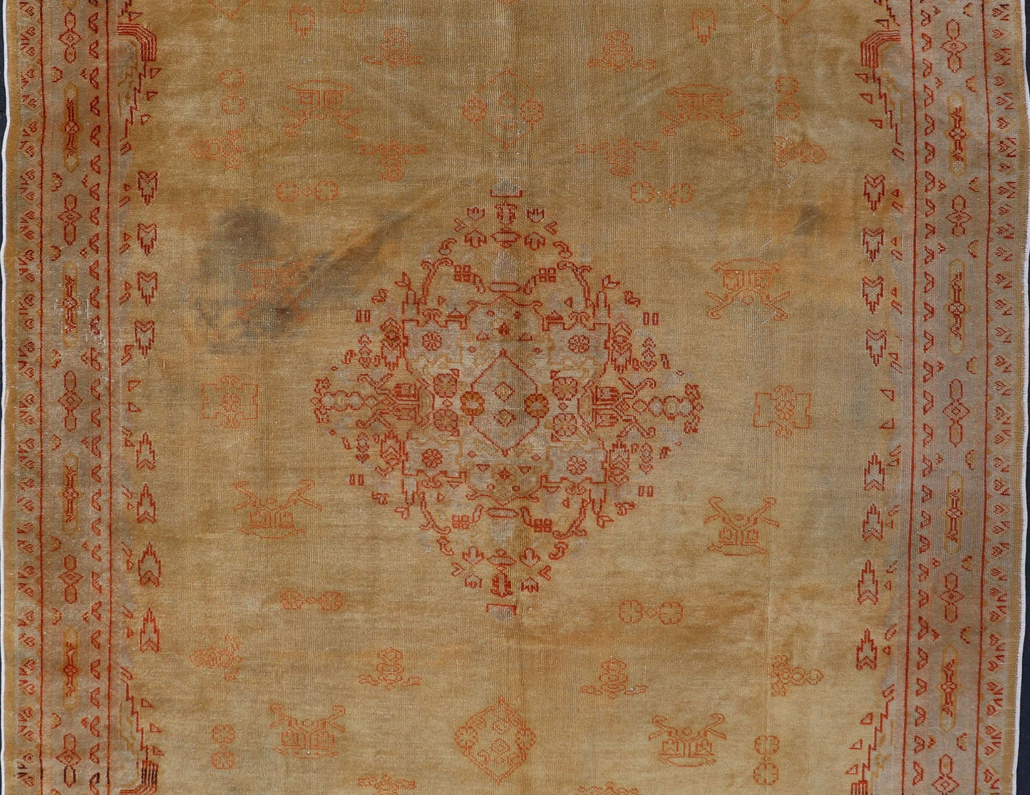 Antique Turkish Borlu Oushak Rug This sophisticated antique borlu Oushak rug was hand woven around the turn of the nineteenth century. It bears an intricate central medallion along with sub geometric motifs carefully placed throughout the field.... - Keivan Woven ArtsF - 0205 - 768Rug