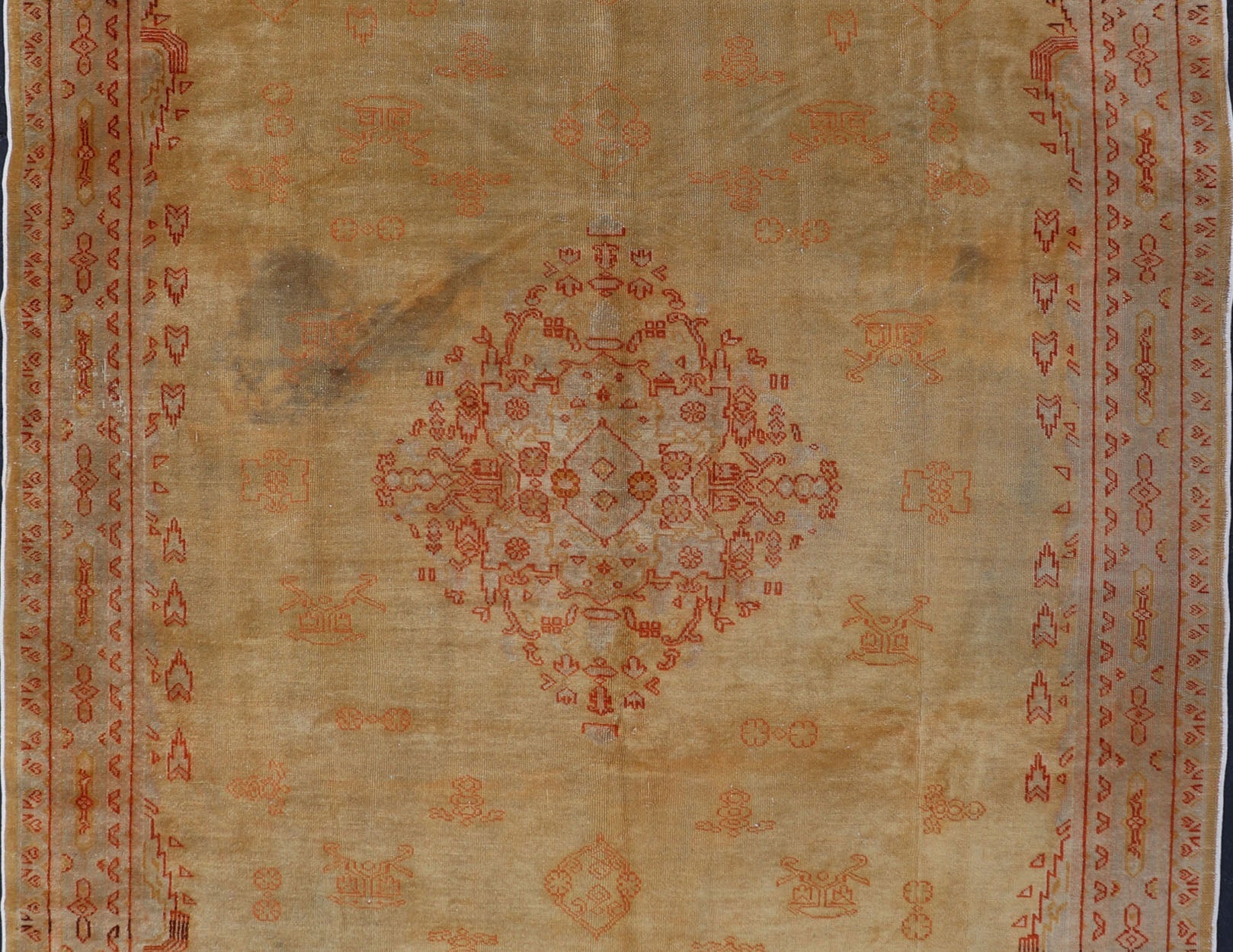 Antique Turkish Borlu Oushak Rug This sophisticated antique borlu Oushak rug was hand woven around the turn of the nineteenth century. It bears an intricate central medallion along with sub geometric motifs carefully placed throughout the field.... - Keivan Woven ArtsF - 0205 - 768Rug
