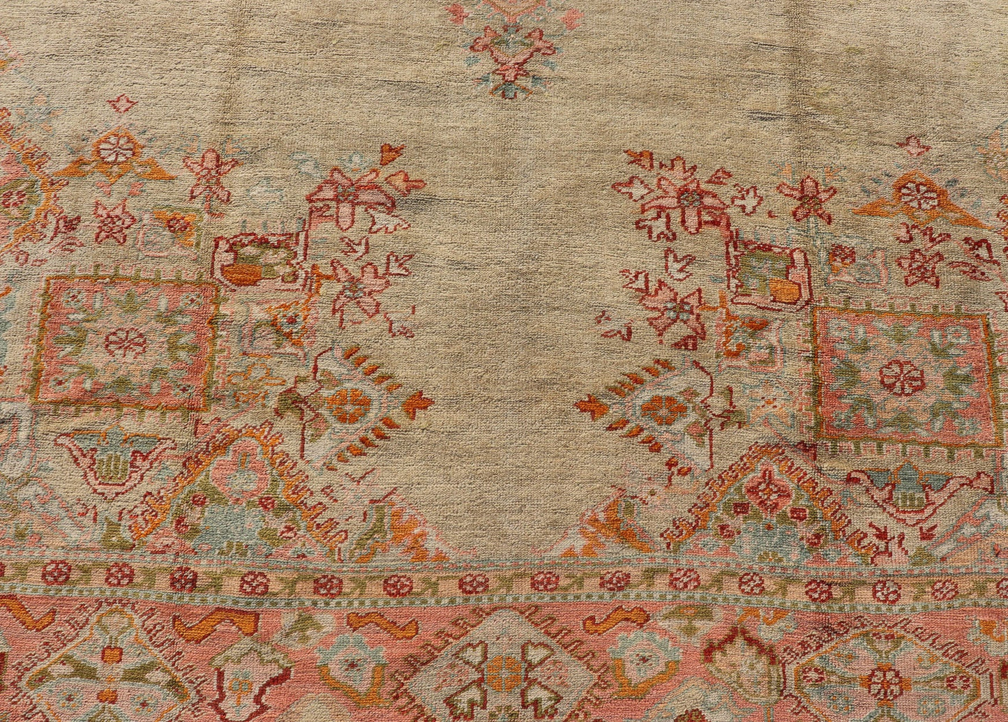 Antique Oushak Carpet With Medallion On A Pale Green Field with Vivid Border. Keivan Woven Arts; rug F - 0305, Country of Origin: Turkey Type: Antique Oushak Design: Floral, Sub - Geometric, All - Over. Measures: 10' x 13'5 This stunning antique Turki... - Keivan Woven ArtsF - 0305 - 533Rug