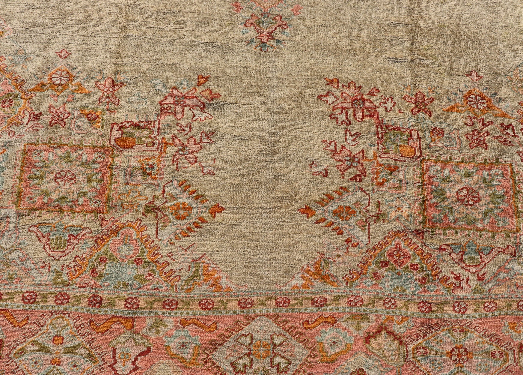 Antique Oushak Carpet With Medallion On A Pale Green Field with Vivid Border. Keivan Woven Arts; rug F - 0305, Country of Origin: Turkey Type: Antique Oushak Design: Floral, Sub - Geometric, All - Over. Measures: 10' x 13'5 This stunning antique Turki... - Keivan Woven ArtsF - 0305 - 533Rug