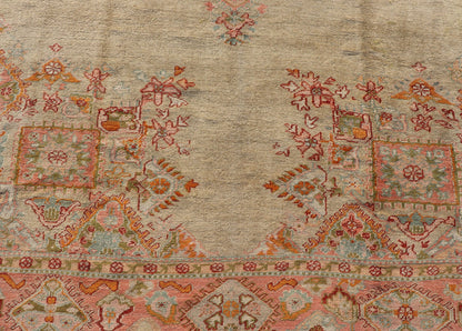 Antique Oushak Carpet With Medallion On A Pale Green Field with Vivid Border. Keivan Woven Arts; rug F - 0305, Country of Origin: Turkey Type: Antique Oushak Design: Floral, Sub - Geometric, All - Over. Measures: 10' x 13'5 This stunning antique Turki... - Keivan Woven ArtsF - 0305 - 533Rug