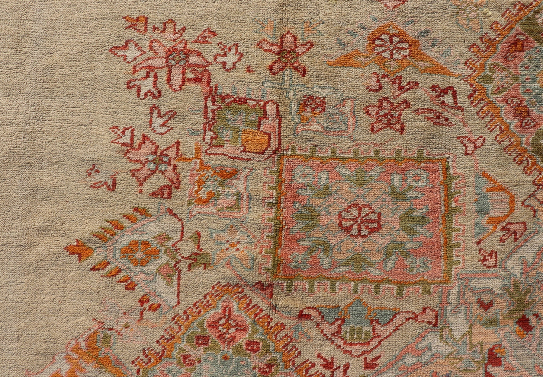 Antique Oushak Carpet With Medallion On A Pale Green Field with Vivid Border. Keivan Woven Arts; rug F - 0305, Country of Origin: Turkey Type: Antique Oushak Design: Floral, Sub - Geometric, All - Over. Measures: 10' x 13'5 This stunning antique Turki... - Keivan Woven ArtsF - 0305 - 533Rug
