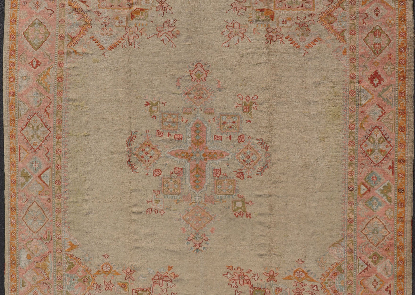 Antique Oushak Carpet With Medallion On A Pale Green Field with Vivid Border. Keivan Woven Arts; rug F - 0305, Country of Origin: Turkey Type: Antique Oushak Design: Floral, Sub - Geometric, All - Over. Measures: 10' x 13'5 This stunning antique Turki... - Keivan Woven ArtsF - 0305 - 533Rug