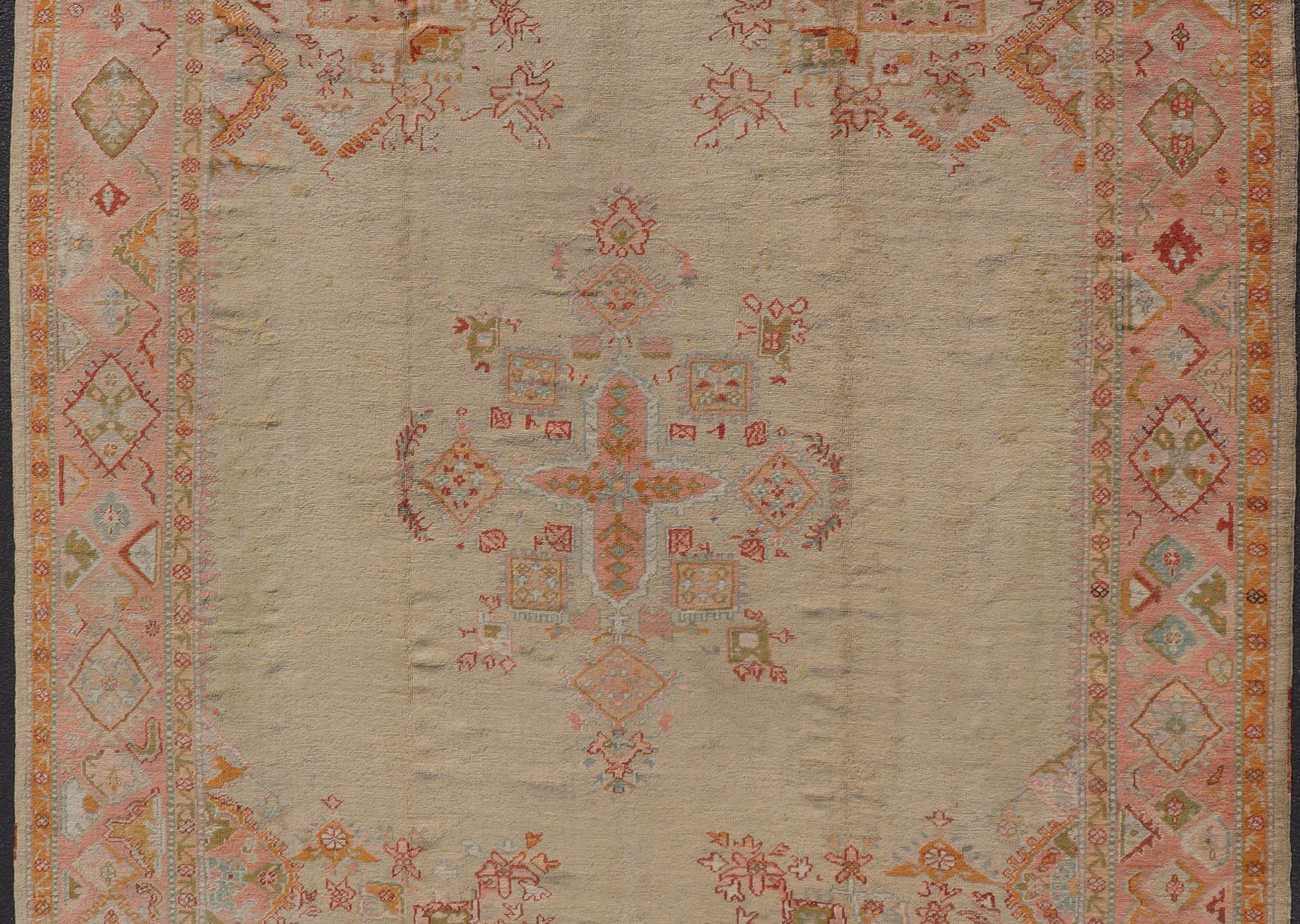 Antique Oushak Carpet With Medallion On A Pale Green Field with Vivid Border. Keivan Woven Arts; rug F - 0305, Country of Origin: Turkey Type: Antique Oushak Design: Floral, Sub - Geometric, All - Over. Measures: 10' x 13'5 This stunning antique Turki... - Keivan Woven ArtsF - 0305 - 533Rug