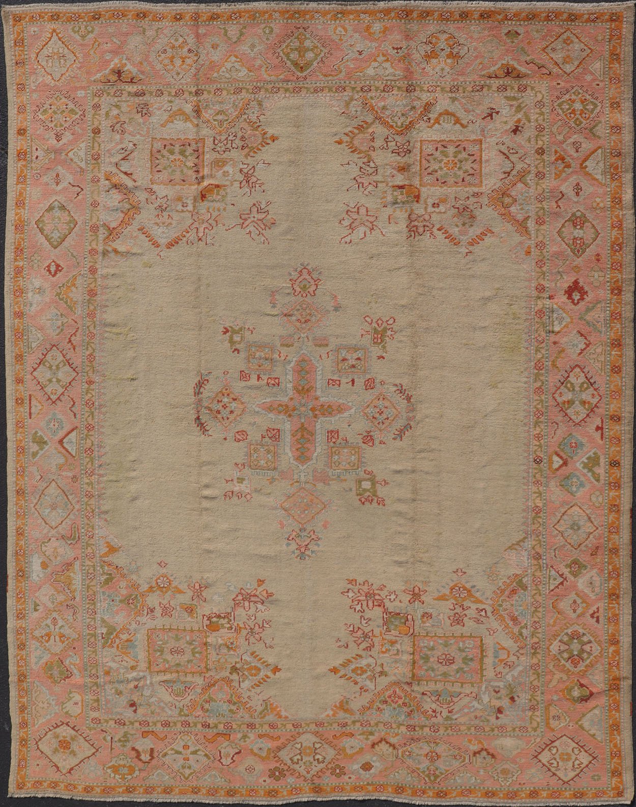 Antique Oushak Carpet With Medallion On A Pale Green Field with Vivid Border. Keivan Woven Arts; rug F - 0305, Country of Origin: Turkey Type: Antique Oushak Design: Floral, Sub - Geometric, All - Over. Measures: 10' x 13'5 This stunning antique Turki... - Keivan Woven ArtsF - 0305 - 533Rug