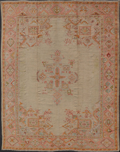 Antique Oushak Carpet With Medallion On A Pale Green Field with Vivid Border. Keivan Woven Arts; rug F - 0305, Country of Origin: Turkey Type: Antique Oushak Design: Floral, Sub - Geometric, All - Over. Measures: 10' x 13'5 This stunning antique Turki... - Keivan Woven ArtsF - 0305 - 533Rug