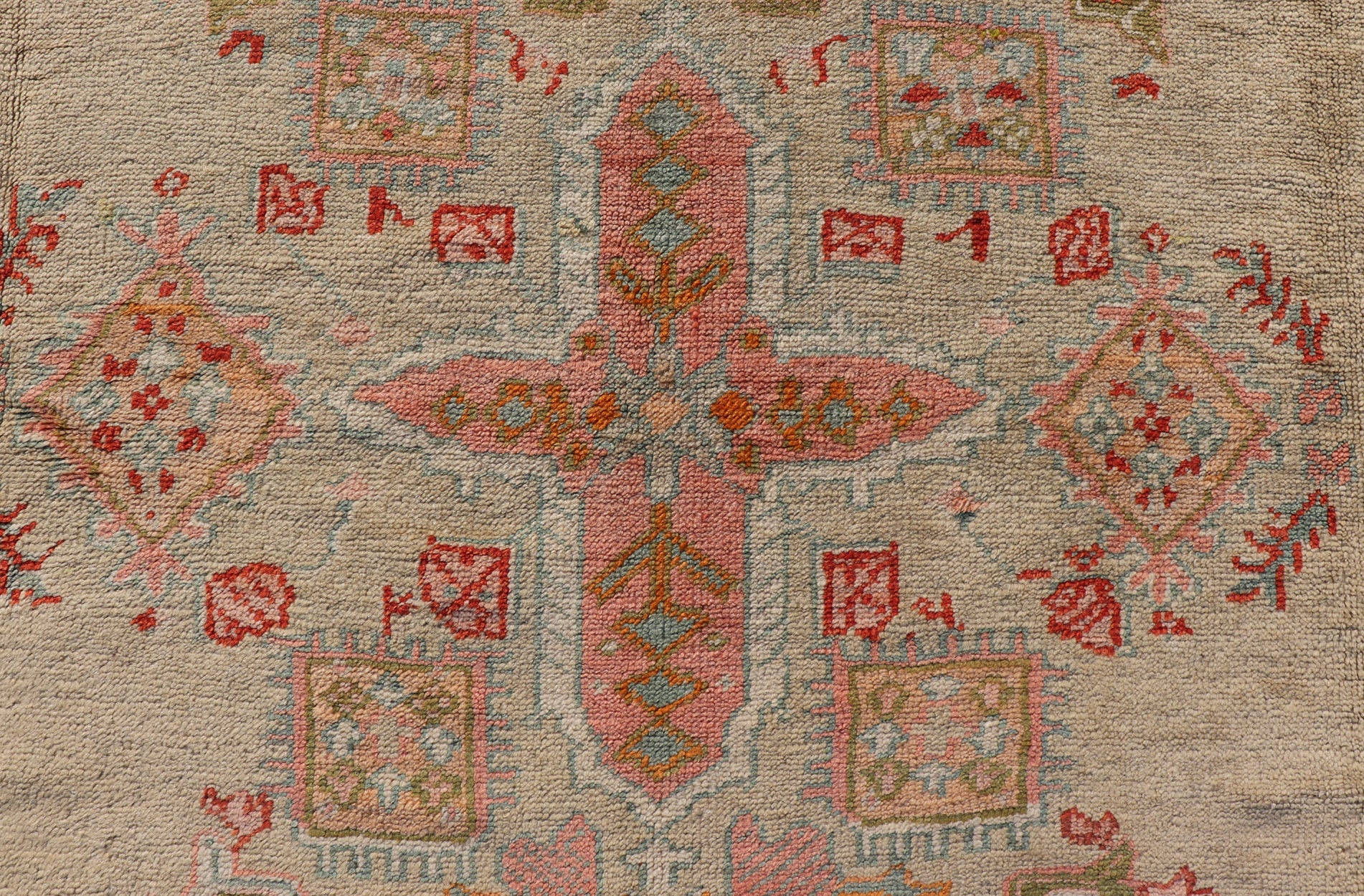 Antique Oushak Carpet With Medallion On A Pale Green Field with Vivid Border. Keivan Woven Arts; rug F - 0305, Country of Origin: Turkey Type: Antique Oushak Design: Floral, Sub - Geometric, All - Over. Measures: 10' x 13'5 This stunning antique Turki... - Keivan Woven ArtsF - 0305 - 533Rug