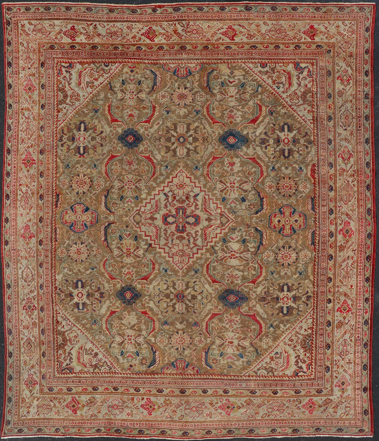Antique Persian Sultanabad Mahal Carpet with Geometric Design In Green's and Red. Keivan Woven Arts / Rug / F - 0404 country of origin / type: Iran / Sultanabad, circa 1910 This antique Persian Sultanabad - Mahal rug features a unique coloration and a m... - Keivan Woven ArtsF - 0404 - 539Rug