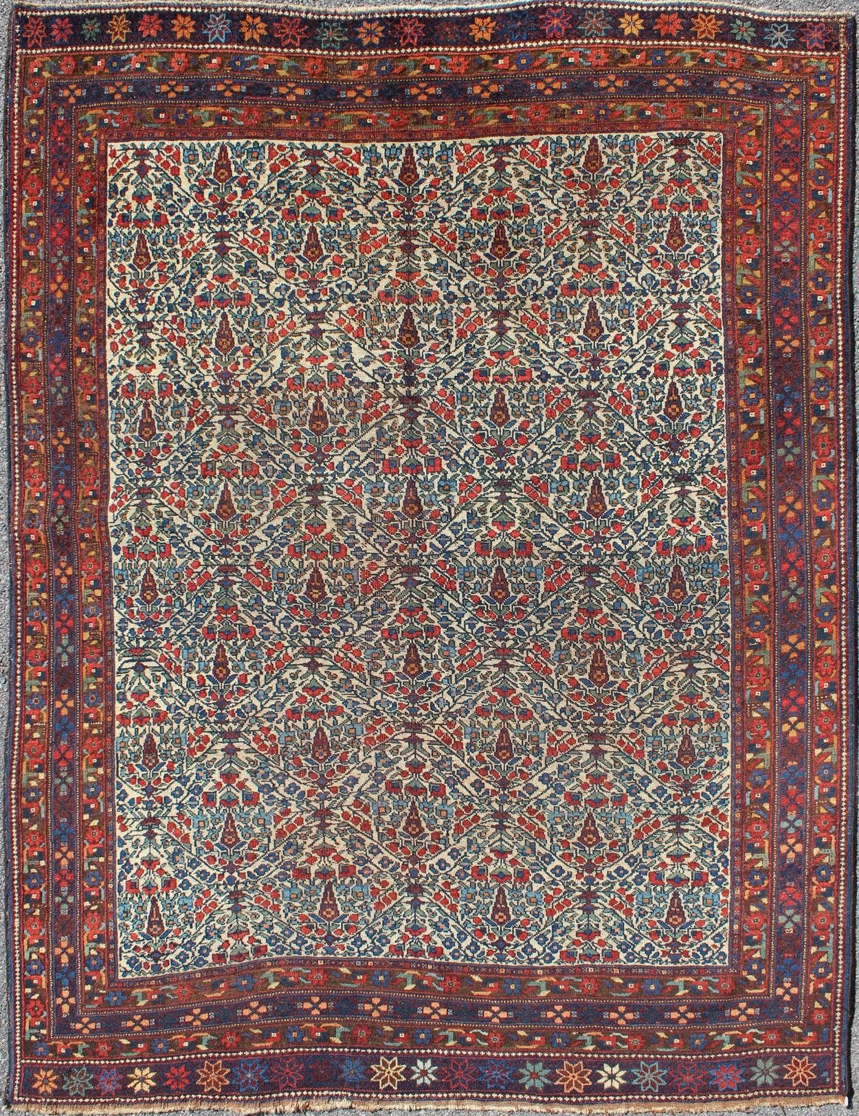 Fine Persian Antique Afshar Rug in Ivory Background & Multi Colors. Measures: 5'0 x 6'7 Antique Afshar Rug in Ivory Background & all over Botanical Design in Multi Colors. Keivan Woven Arts/ Rug/F - 0703, Antique Afshar Unique Bota... - Keivan Woven ArtsF - 0703 - 1014Rug