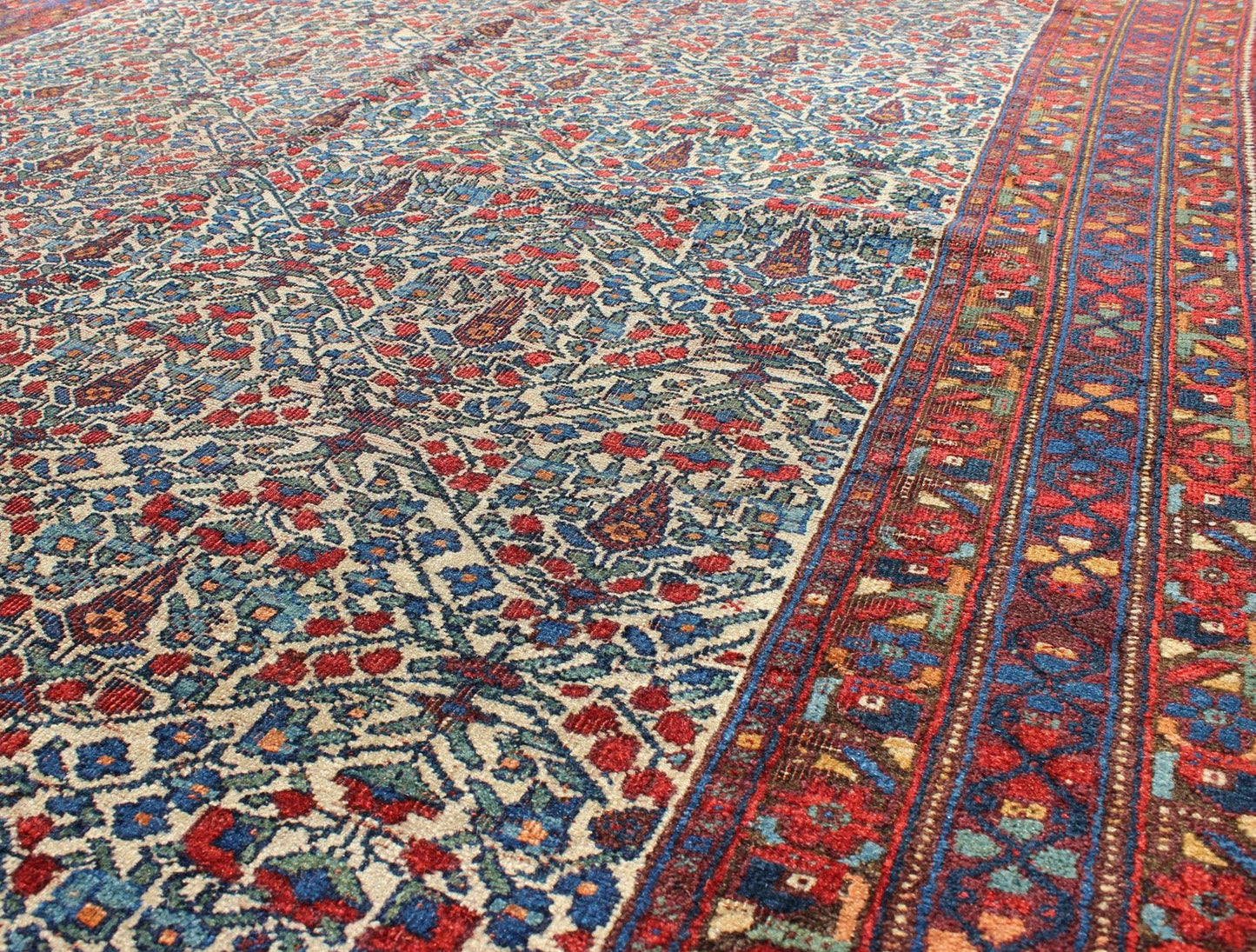 Fine Persian Antique Afshar Rug in Ivory Background & Multi Colors. Measures: 5'0 x 6'7 Antique Afshar Rug in Ivory Background & all over Botanical Design in Multi Colors. Keivan Woven Arts/ Rug/F - 0703, Antique Afshar Unique Bota... - Keivan Woven ArtsF - 0703 - 1014Rug