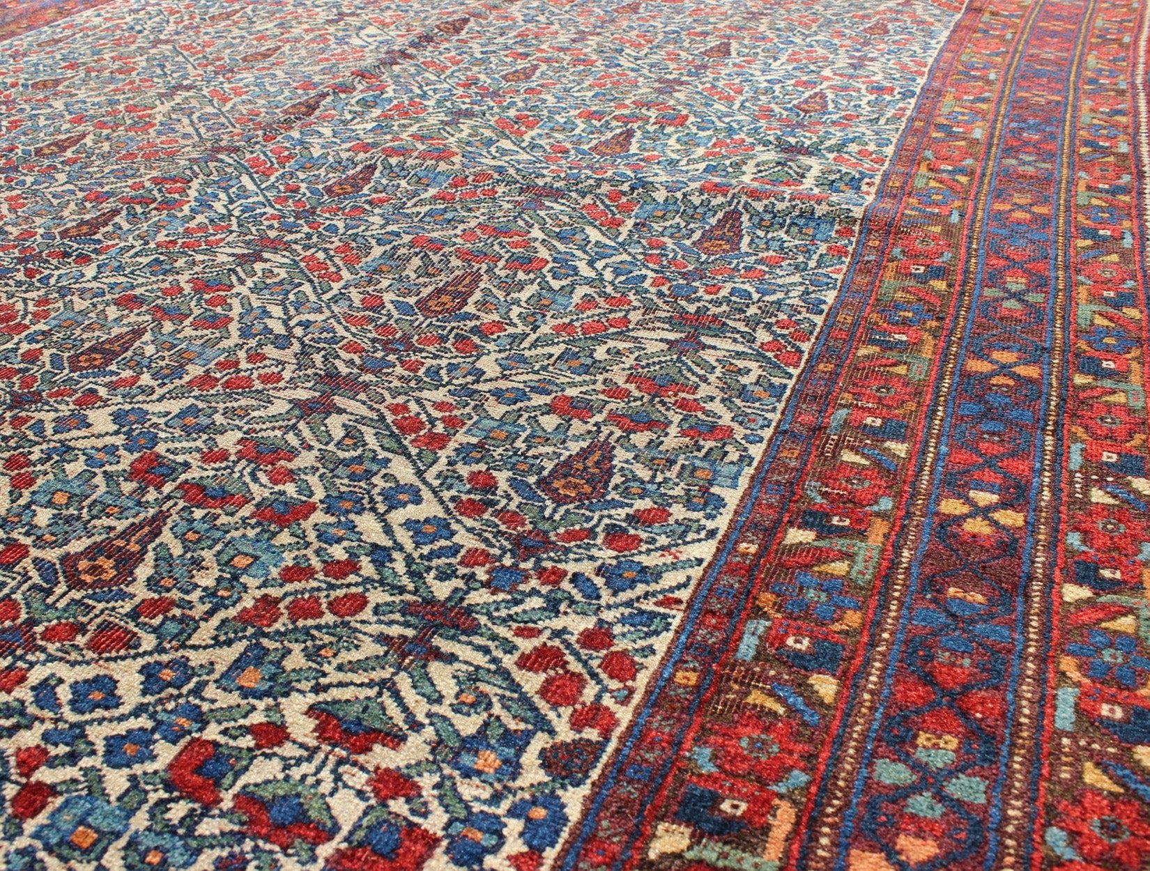 Fine Persian Antique Afshar Rug in Ivory Background & Multi Colors. Measures: 5'0 x 6'7 Antique Afshar Rug in Ivory Background & all over Botanical Design in Multi Colors. Keivan Woven Arts/ Rug/F - 0703, Antique Afshar Unique Bota... - Keivan Woven ArtsF - 0703 - 1014Rug