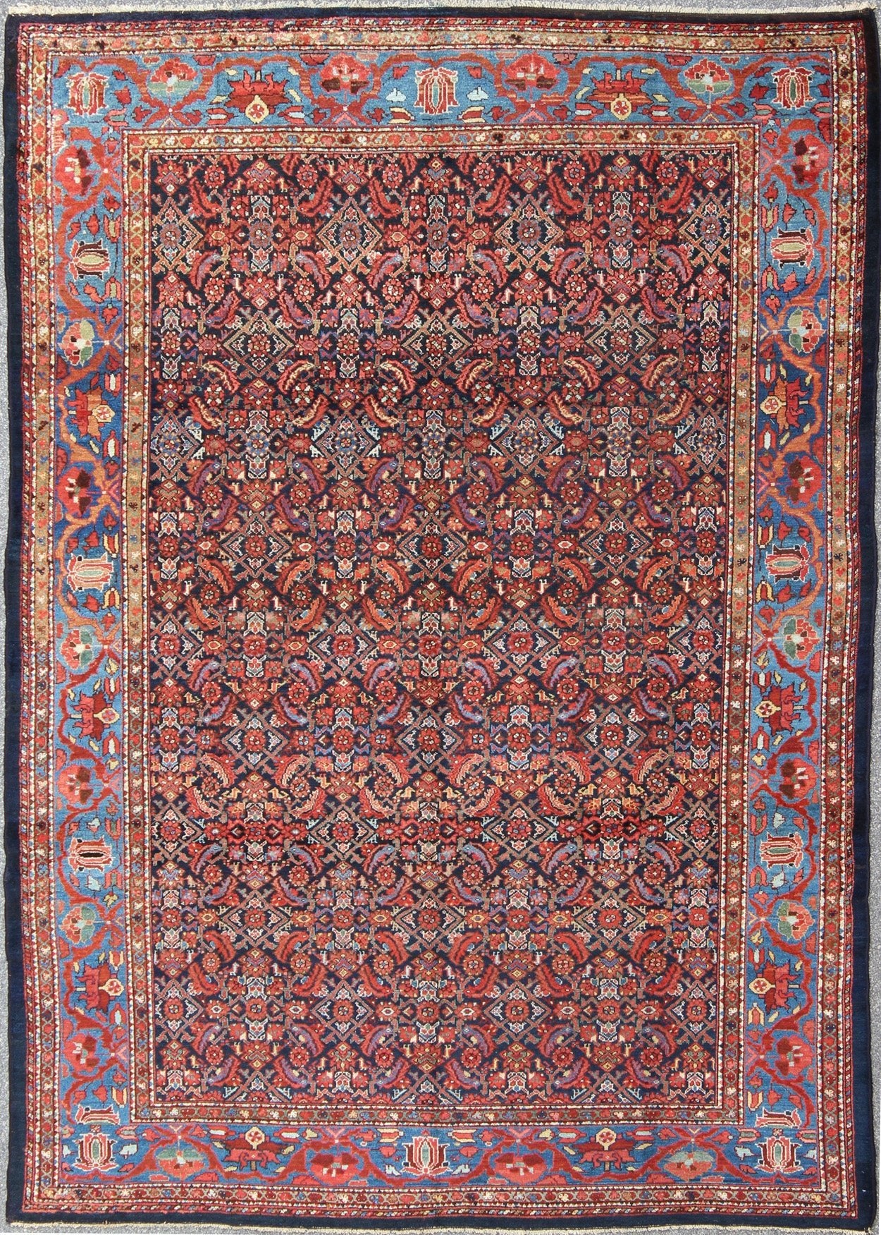 Multi Color Antique Persian Malayer Rug with All Over Herati Design in Black & Shades of Blue Measures: 8'8 x 11'8 Antique Persian Malayer Rug, Country of Origin: Iran; Type: Malayer; Design: All - Over, Herati; Keivan Woven Arts: rug F - 09... - Keivan Woven ArtsF - 0909 - 699Rug
