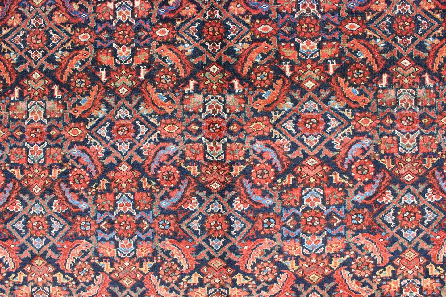 Multi Color Antique Persian Malayer Rug with All Over Herati Design in Black & Shades of Blue Measures: 8'8 x 11'8 Antique Persian Malayer Rug, Country of Origin: Iran; Type: Malayer; Design: All - Over, Herati; Keivan Woven Arts: rug F - 09... - Keivan Woven ArtsF - 0909 - 699Rug