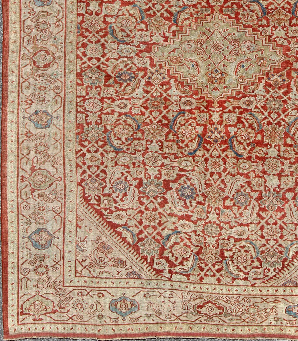 Antique Persian Sultanabad Rug in Rust Red, Green, Blue, Taupe and Cream. Antique Persian Sultanabad rug with Herati design in red, green, blue and cream, Keivan Woven Arts / rug / F - 0910. Antique Persian Sultanabad. This antique Persian... - Keivan Woven ArtsF - 0910 - 772Rug