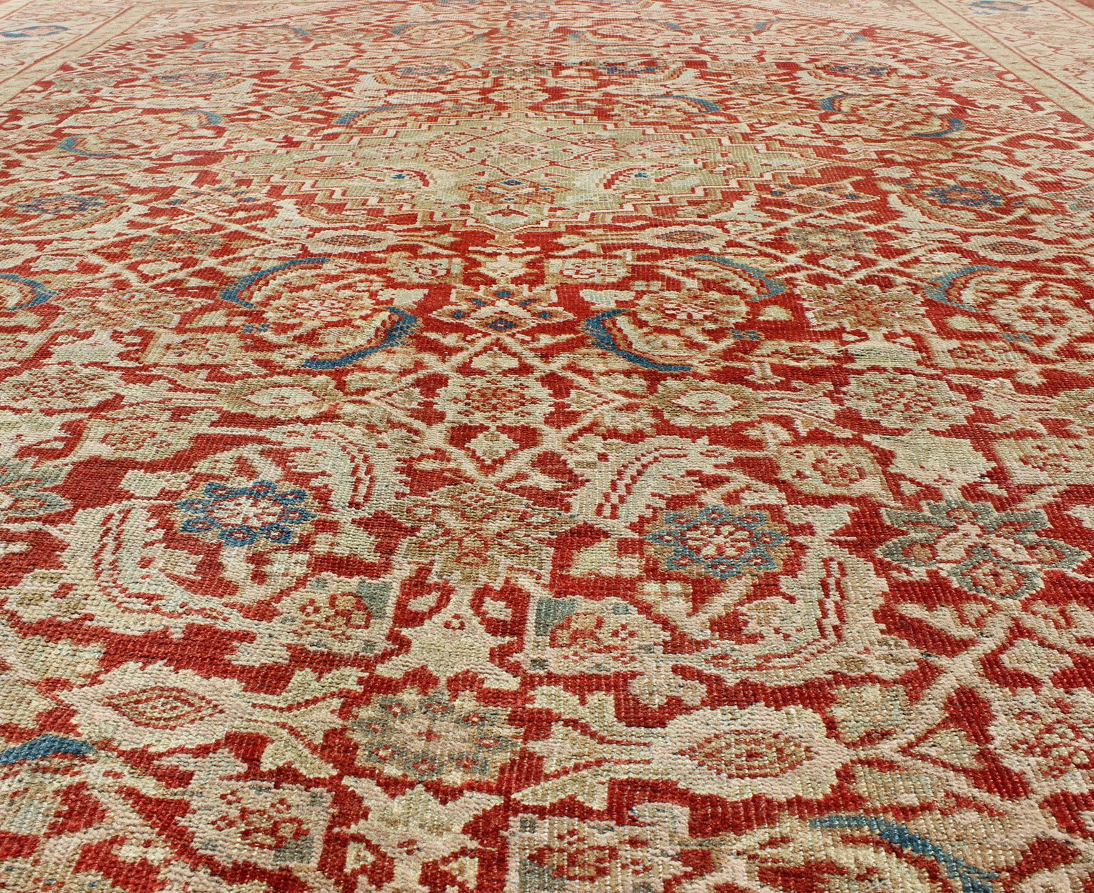 Antique Persian Sultanabad Rug in Rust Red, Green, Blue, Taupe and Cream. Antique Persian Sultanabad rug with Herati design in red, green, blue and cream, Keivan Woven Arts / rug / F - 0910. Antique Persian Sultanabad. This antique Persian... - Keivan Woven ArtsF - 0910 - 772Rug