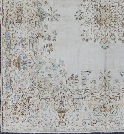 Keivan Woven Arts, F - 1002, Early 20th Century Antique Kerman Rug. Stylized floral antique Persian Kerman square rug in ivory, brown, blue and cream, rug f - 1002, country of origin / type: Iran / Kerman, circa 1920 This large, antique Persian Kerman r... - Keivan Woven ArtsF - 1002 - 876Rug