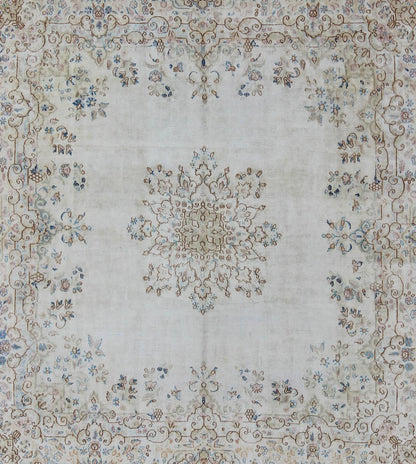 Keivan Woven Arts, F - 1002, Early 20th Century Antique Kerman Rug. Stylized floral antique Persian Kerman square rug in ivory, brown, blue and cream, rug f - 1002, country of origin / type: Iran / Kerman, circa 1920 This large, antique Persian Kerman r... - Keivan Woven ArtsF - 1002 - 876Rug