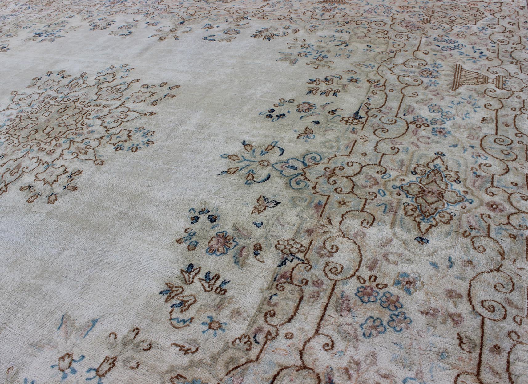 Keivan Woven Arts, F - 1002, Early 20th Century Antique Kerman Rug. Stylized floral antique Persian Kerman square rug in ivory, brown, blue and cream, rug f - 1002, country of origin / type: Iran / Kerman, circa 1920 This large, antique Persian Kerman r... - Keivan Woven ArtsF - 1002 - 876Rug