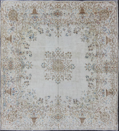 Keivan Woven Arts, F - 1002, Early 20th Century Antique Kerman Rug. Stylized floral antique Persian Kerman square rug in ivory, brown, blue and cream, rug f - 1002, country of origin / type: Iran / Kerman, circa 1920 This large, antique Persian Kerman r... - Keivan Woven ArtsF - 1002 - 876Rug