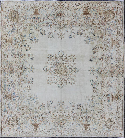 Keivan Woven Arts, F - 1002, Early 20th Century Antique Kerman Rug. Stylized floral antique Persian Kerman square rug in ivory, brown, blue and cream, rug f - 1002, country of origin / type: Iran / Kerman, circa 1920 This large, antique Persian Kerman r... - Keivan Woven ArtsF - 1002 - 876Rug