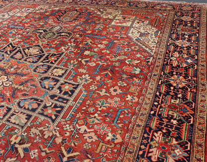 Antique Persian Heriz - Serapi Rug in Rust Background. kwarugs F - 1101. Large Heriz in Square shaped This superb antique Heriz - Serapi carpet, with its highly stylized central medallion and impressive geometric motifs, beautifully illustrates the gr... - Keivan Woven ArtsF - 1101 - 403Rug