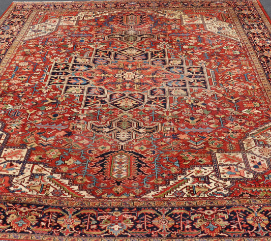 Antique Persian Heriz - Serapi Rug in Rust Background. kwarugs F - 1101. Large Heriz in Square shaped This superb antique Heriz - Serapi carpet, with its highly stylized central medallion and impressive geometric motifs, beautifully illustrates the gr... - Keivan Woven ArtsF - 1101 - 403Rug